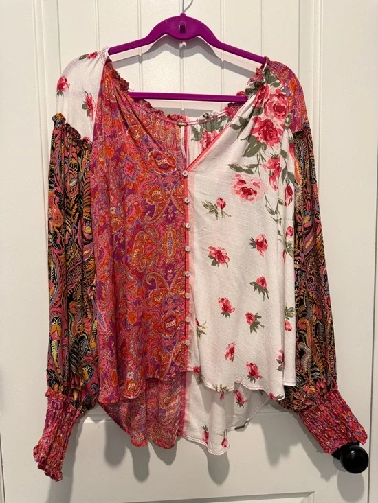 Free People Patchwork Paisley & Floral Button-Front Blouse - Pink Multi - Picture 2 of 12